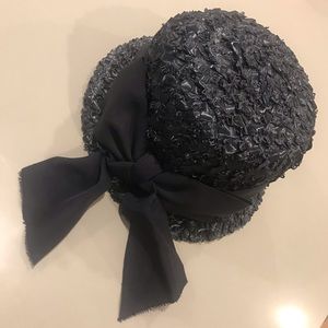 Vintage Navy Blue Straw Hat & Hatbox